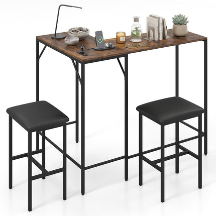Set masă de bar cu 2 scaune, maro rustic, priză de curent