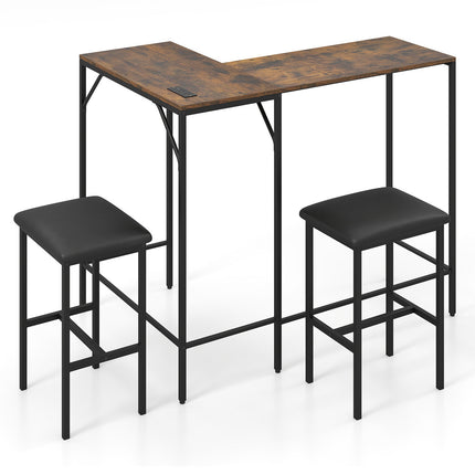 Set masă de bar cu 2 scaune, maro rustic, priză de curent