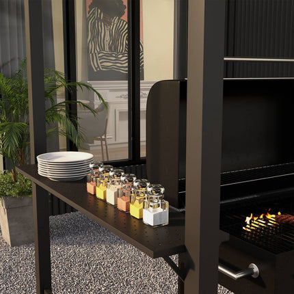 Pavilion grătar 233 x 110 x 235 cm foișor de grădină rezistent la vânt cu acoperiș dublu, rafturi, foișor cu protecție UV, foișor BBQ din oțel, cort grătar cort pentru petrecere BBQ, gri închis Aosom
