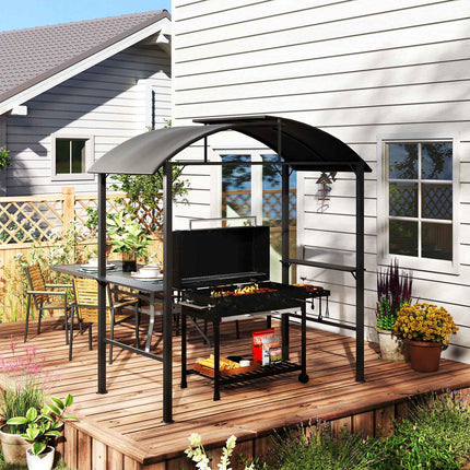 Pavilion grătar 233 x 110 x 235 cm foișor de grădină rezistent la vânt cu acoperiș dublu, rafturi, foișor cu protecție UV, foișor BBQ din oțel, cort grătar cort pentru petrecere BBQ, gri închis Aosom