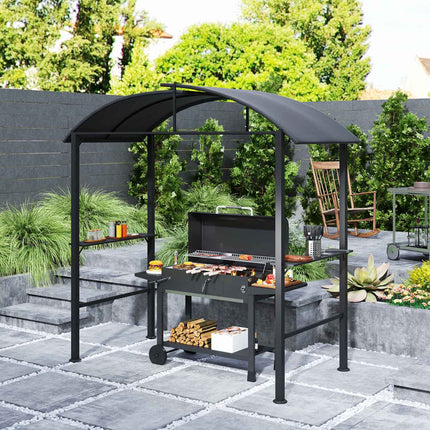 Pavilion grătar 233 x 110 x 235 cm foișor de grădină rezistent la vânt cu acoperiș dublu, rafturi, foișor cu protecție UV, foișor BBQ din oțel, cort grătar cort pentru petrecere BBQ, gri închis Aosom
