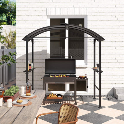 Pavilion grătar 233 x 110 x 235 cm foișor de grădină rezistent la vânt cu acoperiș dublu, rafturi, foișor cu protecție UV, foișor BBQ din oțel, cort grătar cort pentru petrecere BBQ, gri închis Aosom