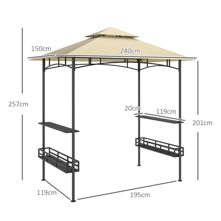 Pavilion pentru grătar 240 x 150 x 257 cm Pavilion de grădină ignifug impermeabil cu acoperiș dublu, rafturi laterale, foișor cu protecție UV, foișor pentru grătar din oțel, cort grătar pentru grătar de petrecere, bej Aosom