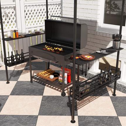 Pavilion pentru grătar 240 x 150 x 257 cm Pavilion de grădină ignifug impermeabil cu acoperiș dublu, rafturi laterale, foișor cu protecție UV, foișor pentru grătar din oțel, cort grătar pentru grătar de petrecere, bej Aosom