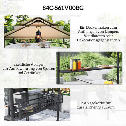 Pavilion pentru grătar 240 x 150 x 257 cm Pavilion de grădină ignifug impermeabil cu acoperiș dublu, rafturi laterale, foișor cu protecție UV, foișor pentru grătar din oțel, cort grătar pentru grătar de petrecere, bej Aosom