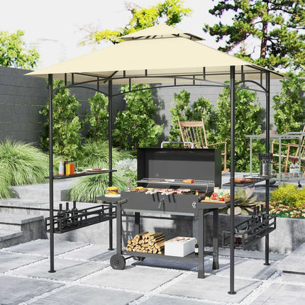 Pavilion pentru grătar 240 x 150 x 257 cm Pavilion de grădină ignifug impermeabil cu acoperiș dublu, rafturi laterale, foișor cu protecție UV, foișor pentru grătar din oțel, cort grătar pentru grătar de petrecere, bej Aosom