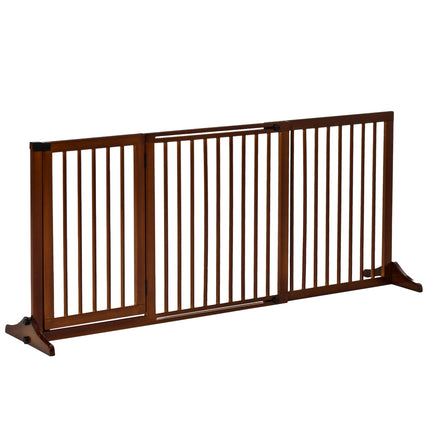 Barieră Poartă de ușă pentru câini de sine stătătoare cu ușă, poartă de protecție din lemn, maro, 113-166X36X71Cm