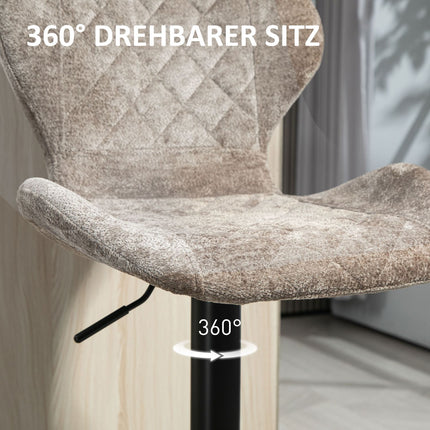 Adjustable brown chenille bar stools, 360° rotatable, set of 2