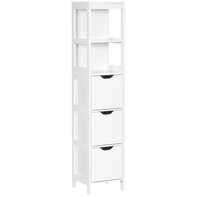 Tall white bathroom cabinet with drawers and shelves