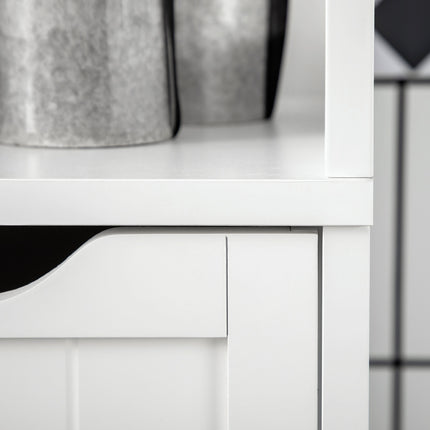 Tall white bathroom cabinet with drawers and shelves