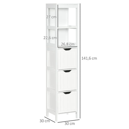 Tall white bathroom cabinet with drawers and shelves