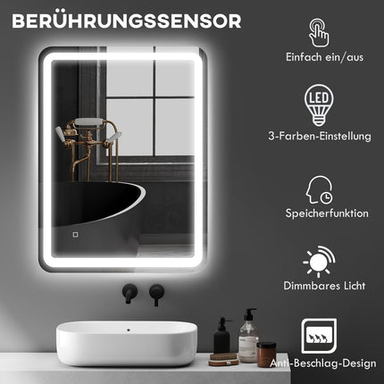 Oglinda de baie, LED, anti-aburire, control tactil, 60x80 cm