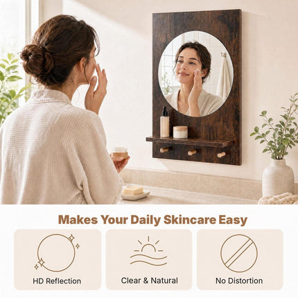 Bathroom Wall Mirror with Storage Shelf and 3 Hooks, Rustic Brown, 34 cm Round