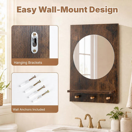 Bathroom Wall Mirror with Storage Shelf and 3 Hooks, Rustic Brown, 34 cm Round