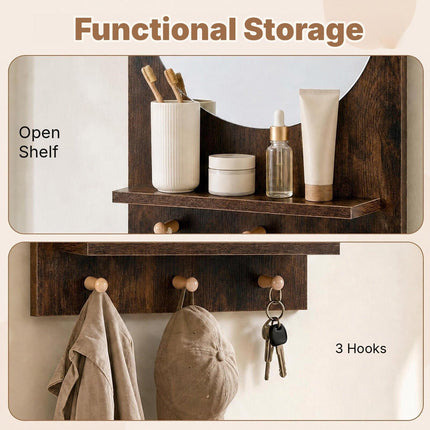 Bathroom Wall Mirror with Storage Shelf and 3 Hooks, Rustic Brown, 34 cm Round