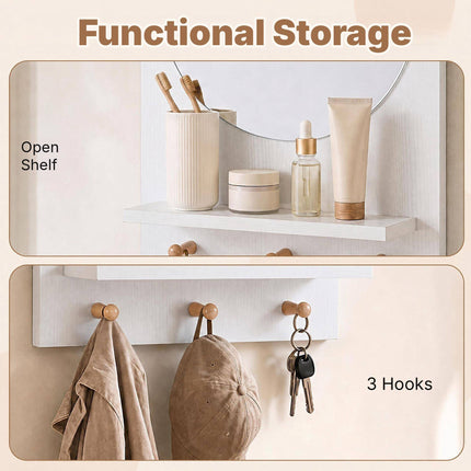 Bathroom Wall Mirror with Storage Shelf and 3 Hooks, White, 34 cm Round