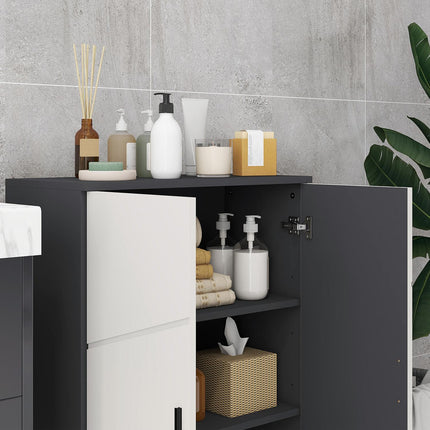 Gray bathroom cabinet with double doors and adjustable shelves