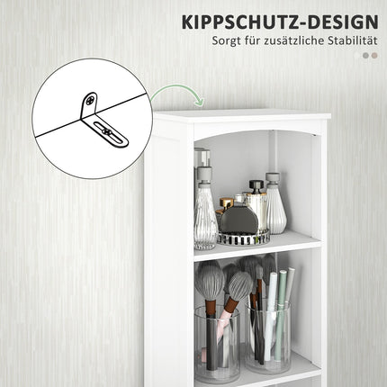 Tall white bathroom cabinet with 3 shelves & drawer