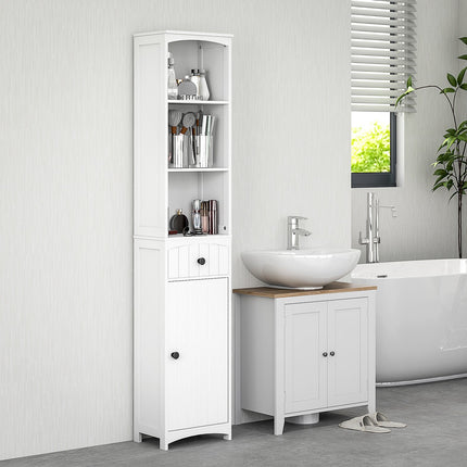 Tall white bathroom cabinet with 3 shelves & drawer