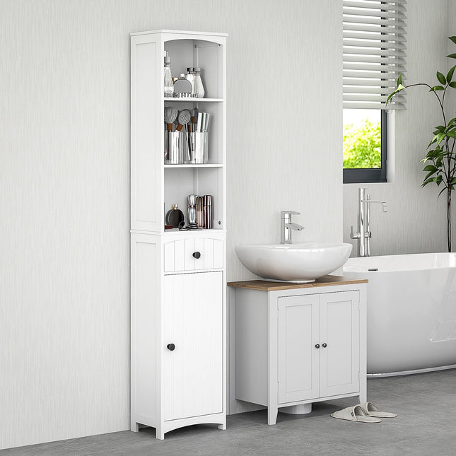 Dulap baie, dulap inalt cu 3 rafturi, 1 sertar, dulap baie, polit baie, dulap baie, mobilier baie, alb, 34x24x170.5cm Aosom