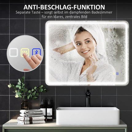 Bathroom mirror with LED lighting, anti-fog pad, 3 adjustable colors, clock, 700 x 900 mm, silver