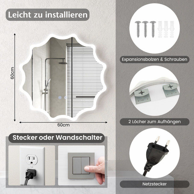 Bathroom mirror with anti-fog mirror heating wave design LED mirror wall mirror 60 x 60 cm