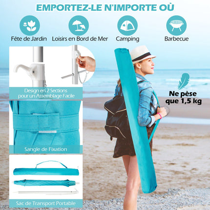 Umbrelă de plajă 198 cm, înclinare cu buton, geantă ancoră nisip