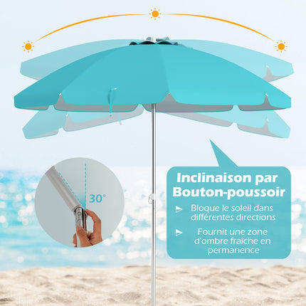 Umbrelă de plajă 198 cm, înclinare cu buton, geantă ancoră nisip