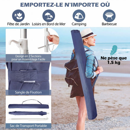 Umbrelă de plajă 198 cm, înclinabilă, ancoră pentru nisip, geantă de transport