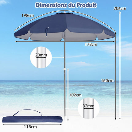 Umbrelă de plajă 198 cm, înclinabilă, ancoră pentru nisip, geantă de transport