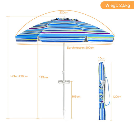 Umbrelă de plajă 2,2 m, protecție solară UPF50+, portabilă