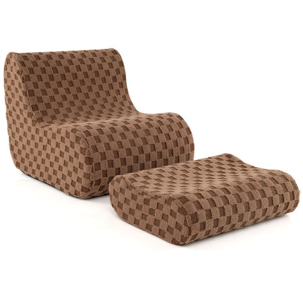 Scaun Bean Bag cu Otoman, Teddy Velvet, Ergonomic, Maro