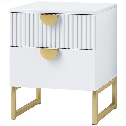 Noptiera cu 2 sertare, noptiera, noptiera cu manere aspect auriu, noptiera pentru dormitor, living, 40 x 40 x 50 cm, alb
