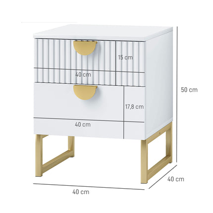 Noptiera cu 2 sertare, noptiera, noptiera cu manere aspect auriu, noptiera pentru dormitor, living, 40 x 40 x 50 cm, alb