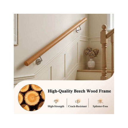 Beech Wood Stair Handrail 100 cm with Wall Brackets, 40 mm Diameter, 200 kg Load