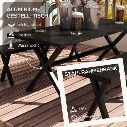 Black beer tent set - table, 2 benches, wooden look, 180x80x73 cm