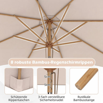 Umbrelă de terasă bej, 270 cm, cadru din bambus, înclinare reglabilă