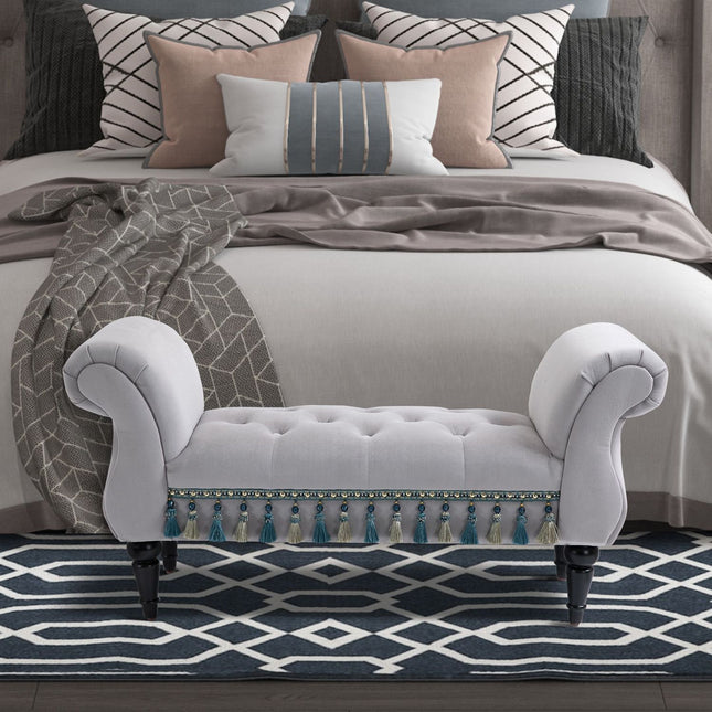 Elegant gray upholstered wooden bench - 117 x 40 x 58 cm