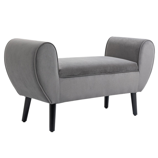 Bancă în stil gri, modernă, cu spațiu de depozitare, poliester catifelat, lemn de cauciuc, cotiere, 118X42X66Cm