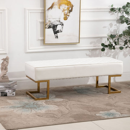 Bancă pentru dormitor și sufragerie din imitație de piele metal alb aur 120x43x42 cm, bancă de pat elegantă