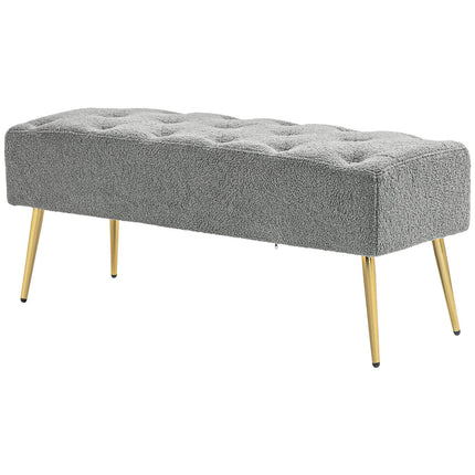 Bancă tapițată cu aspect de lână de miel, cusături cu nasturi, bancă de pat cu picioare din oțel, pentru dormitor, living, hol, 112x41x46cm, gri