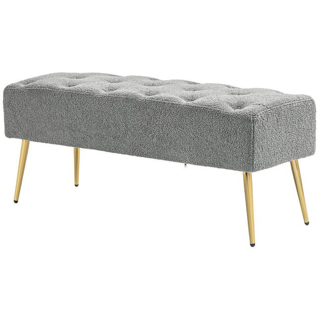 Bancă tapițată cu aspect de lână de miel, cusături cu nasturi, bancă de pat cu picioare din oțel, pentru dormitor, living, hol, 112x41x46cm, gri