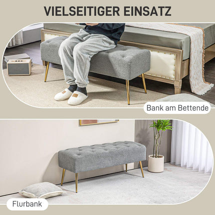 Bancă tapițată cu aspect de lână de miel, cusături cu nasturi, bancă de pat cu picioare din oțel, pentru dormitor, living, hol, 112x41x46cm, gri