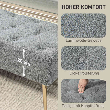 Bancă tapițată cu aspect de lână de miel, cusături cu nasturi, bancă de pat cu picioare din oțel, pentru dormitor, living, hol, 112x41x46cm, gri