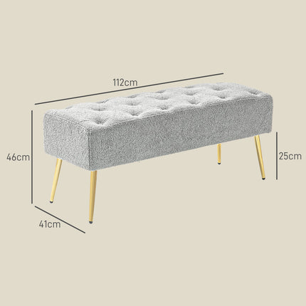 Bancă tapițată cu aspect de lână de miel, cusături cu nasturi, bancă de pat cu picioare din oțel, pentru dormitor, living, hol, 112x41x46cm, gri