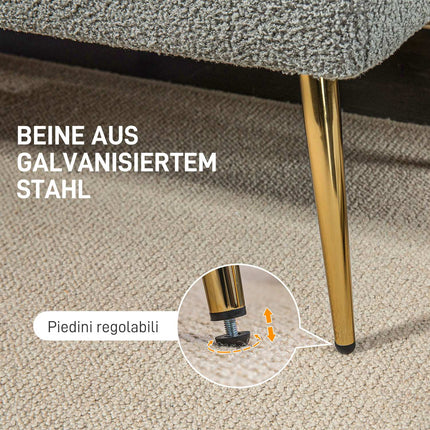 Bancă tapițată cu aspect de lână de miel, cusături cu nasturi, bancă de pat cu picioare din oțel, pentru dormitor, living, hol, 112x41x46cm, gri