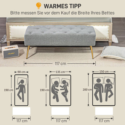 Bancă tapițată cu aspect de lână de miel, cusături cu nasturi, bancă de pat cu picioare din oțel, pentru dormitor, living, hol, 112x41x46cm, gri