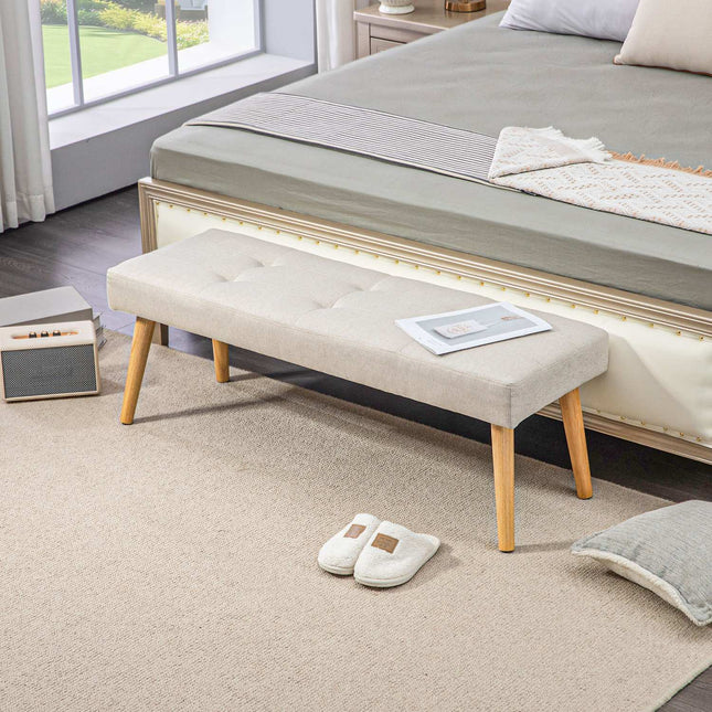 Cream-covered bench with wooden legs, 120 x 41 x 43 cm