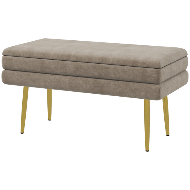 Bancuta, bancheta tapitata cu spatiu de depozitare, aspect catifelat, bancheta de pat cu picioare din otel, banca de pantofi, banca de depozitare pentru living, dormitor, bej, 79,5 x 37,5 x 43 cm |