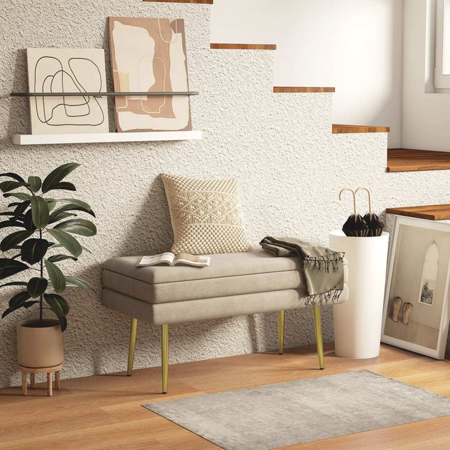 Bancuta, bancheta tapitata cu spatiu de depozitare, aspect catifelat, bancheta de pat cu picioare din otel, banca de pantofi, banca de depozitare pentru living, dormitor, bej, 79,5 x 37,5 x 43 cm |